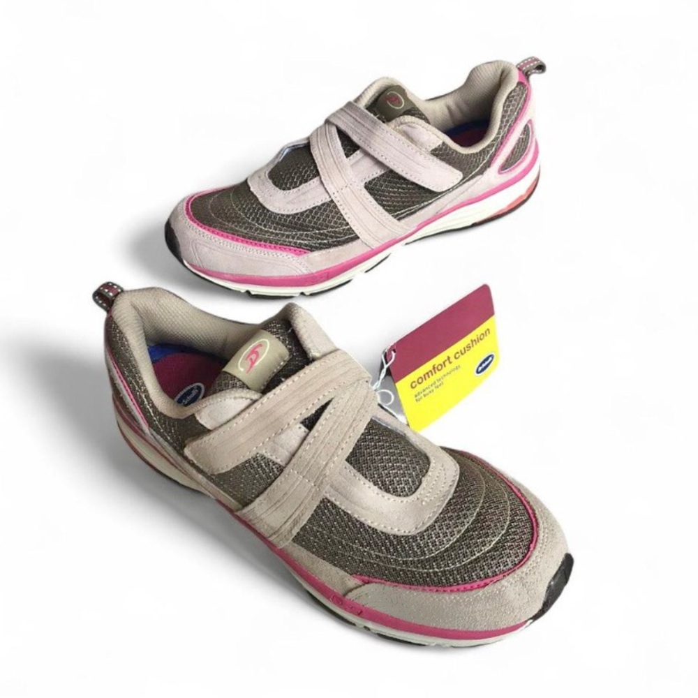 NWT LADY'S DR.SCHOLL'S" PAIR OF TAN & BROWN w/ PINK TRIM ATHLETICS SHOES Sz 11